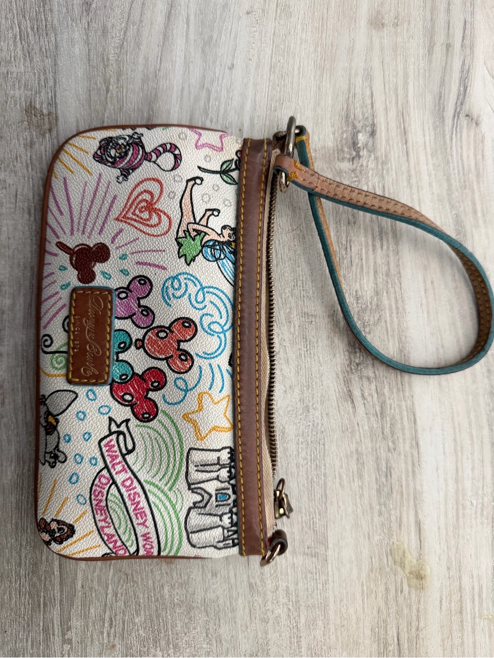 Dooney & Bourke White Multicolor Disney Sketch Wristlet with Brown Trim